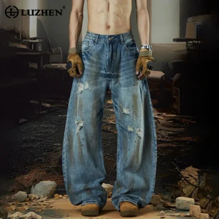 LUZHEN Wornout Patched Patchwork Tie-dyed Design Wide Leg Jeans Men 2025 New Trendy Streetwear Loose Vintage Denim Pants JY2455