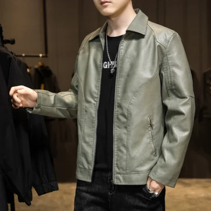 Korean Fashion Casual Men PU Leather Jacket Turn-down Collar Slim Fitting Male Clothes Comfort Windproof Outerwear Spring New